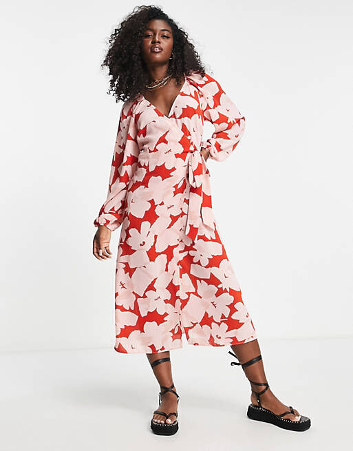 

Платье миди с запахом и поясом ASOS DESIGN с крупным красным цветочным принтом, Красный
