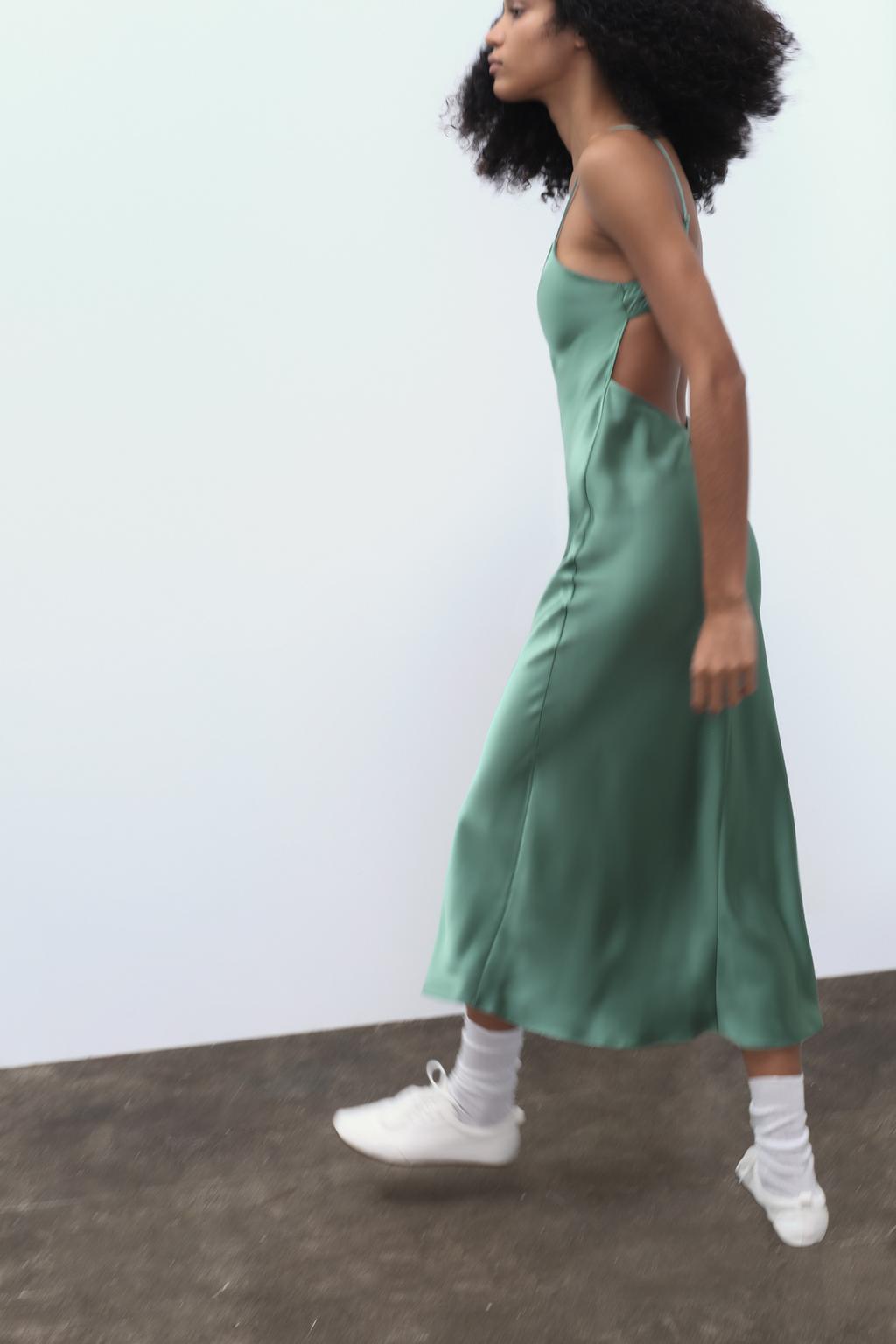 Атласное платье-комбинация миди ZARA, зеленый женское атласное вечернее платье с v образным вырезом длинным рукавом и открытой спиной