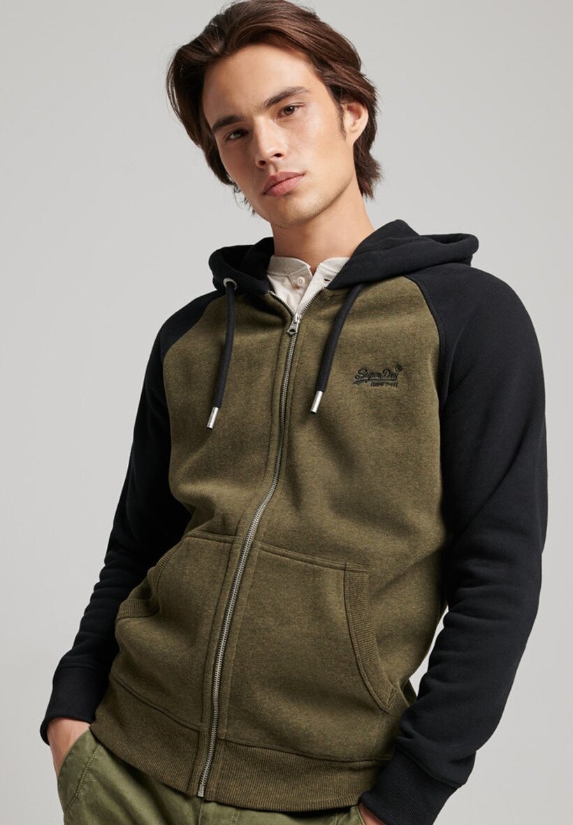 

Толстовка на молнии Superdry Vintage Logo Embroidered Baseball, оливковый меланж / черный