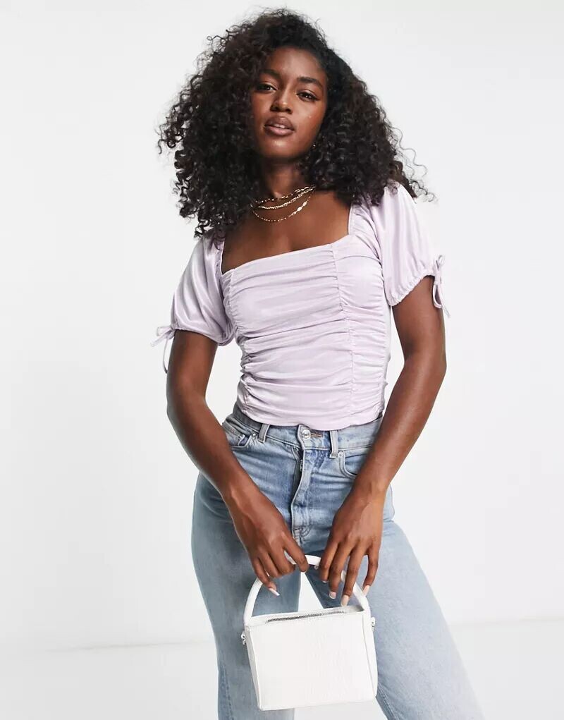 

Сиреневый атласный топ ASOS с объемными рукавами и рюшами спереди