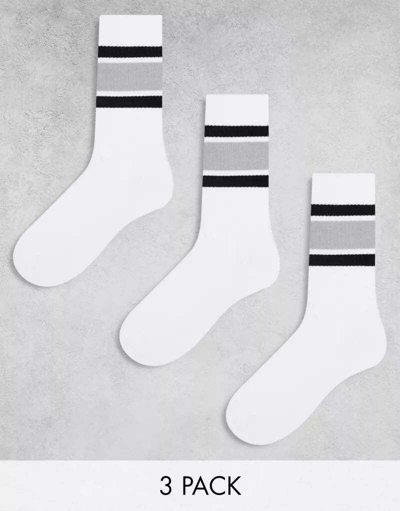 Комплект из трех белых спортивных носков с серой полоской ASOS