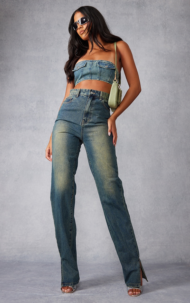 PrettyLittleThing Высокие джинсы цвета индиго в винтажном стиле с разрезом по краю