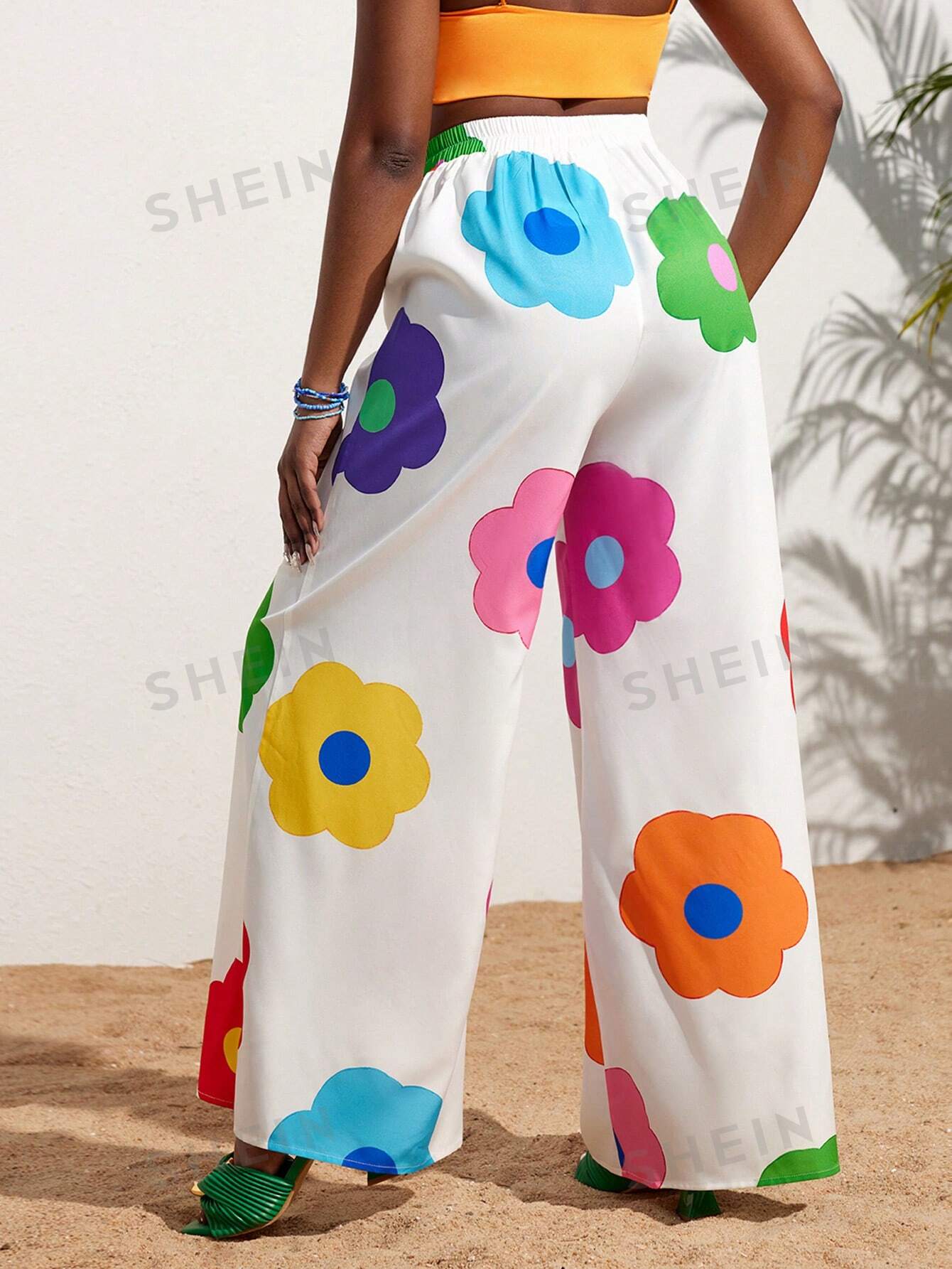 цена SHEIN Slayr повседневные женские широкие длинные брюки с ярким цветочным принтом для отпуска, многоцветный
