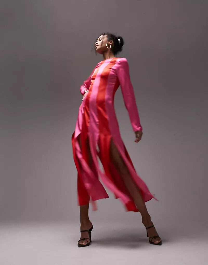 Красное и розовое платье миди с длинными рукавами и контрастной вставкой Topshop