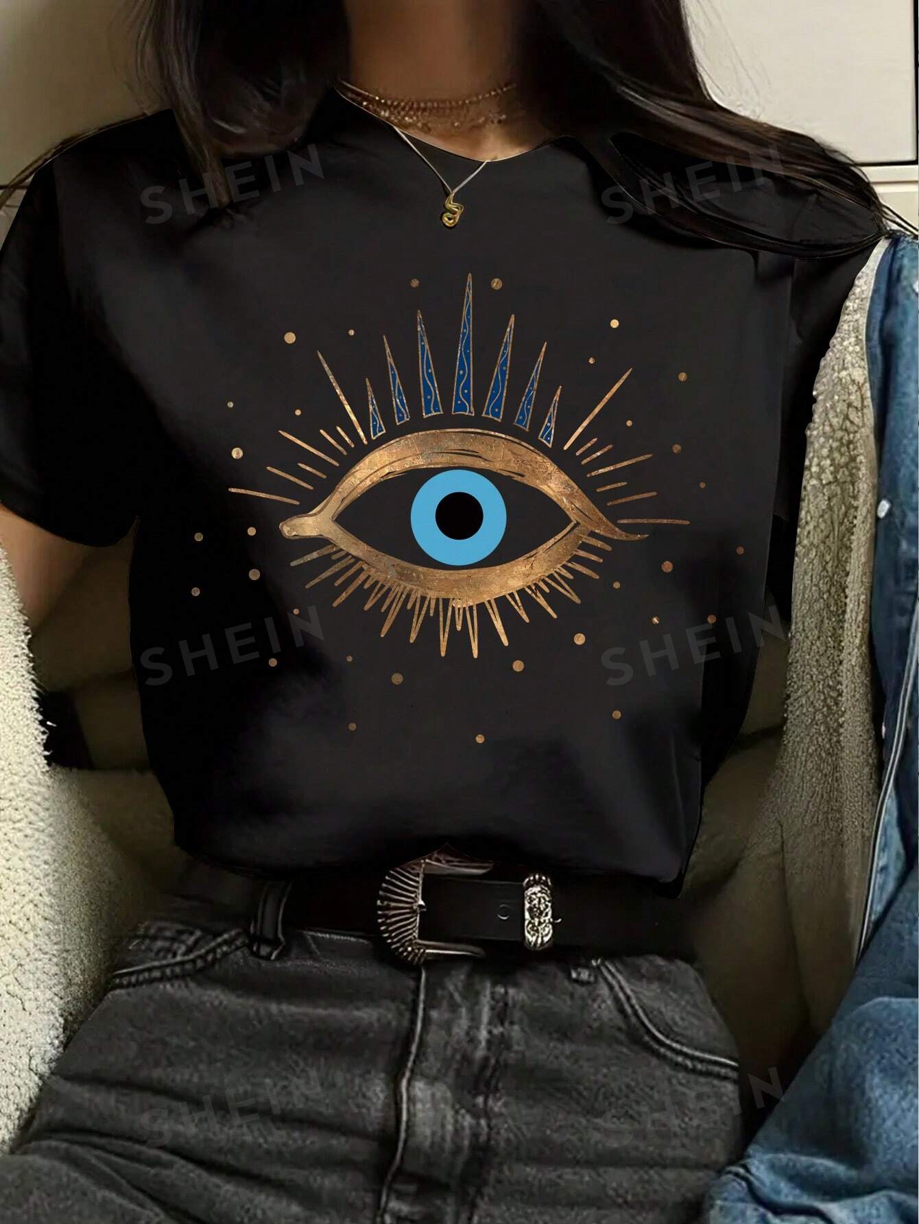 цена SHEIN Essnce Женская футболка с круглым вырезом и короткими рукавами с принтом Солнца и Луны, черный