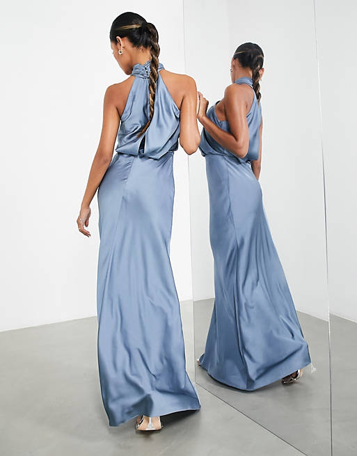 Темно-синее атласное платье макси со сборками и воротником-бретелькой ASOS EDITION лимонное атласное платье макси со сборками и воротником бретелькой asos design bridesmaid curve