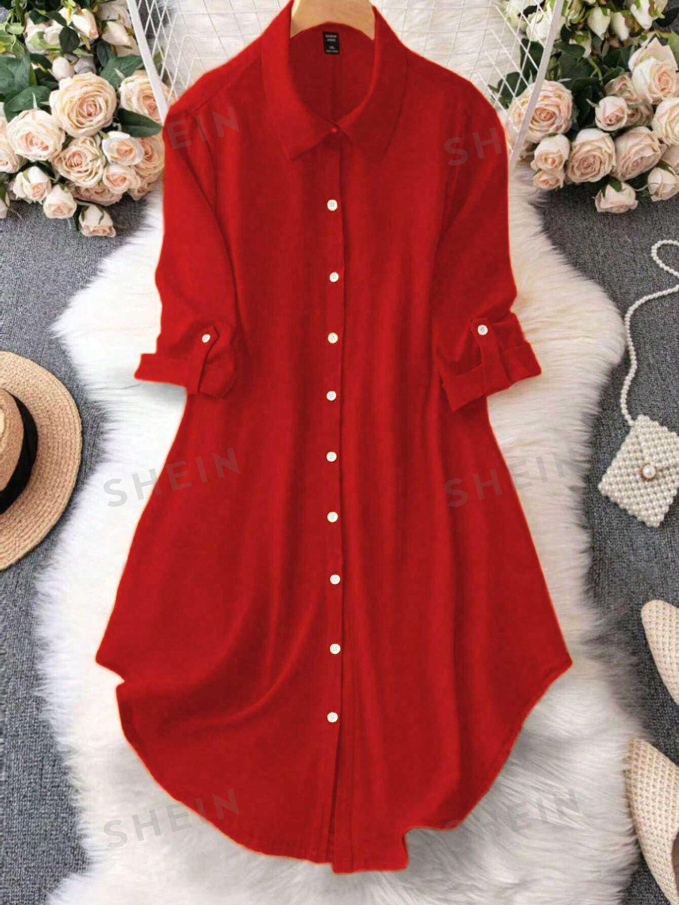 цена SHEIN LUNE Женское платье с принтом и пуговицами спереди, красный