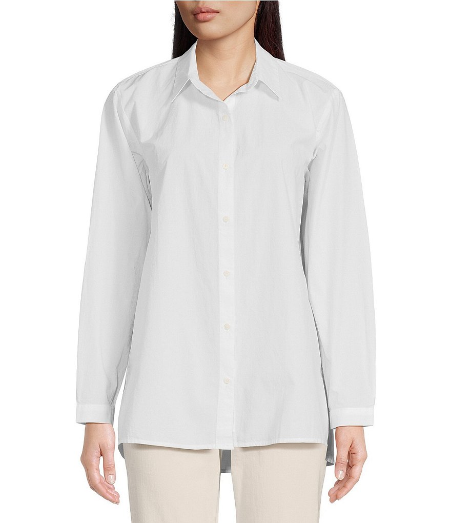 Рубашка на пуговицах и пуговицах из органического хлопка с длинными рукавами и низким воротником Eileen Fisher, белый