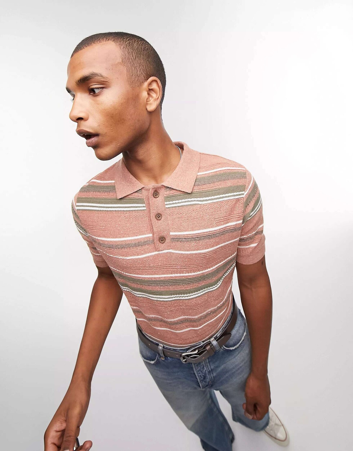 

Трикотанная футболка-поло на пуговицах в коричневую полоску Topman, Коричневый