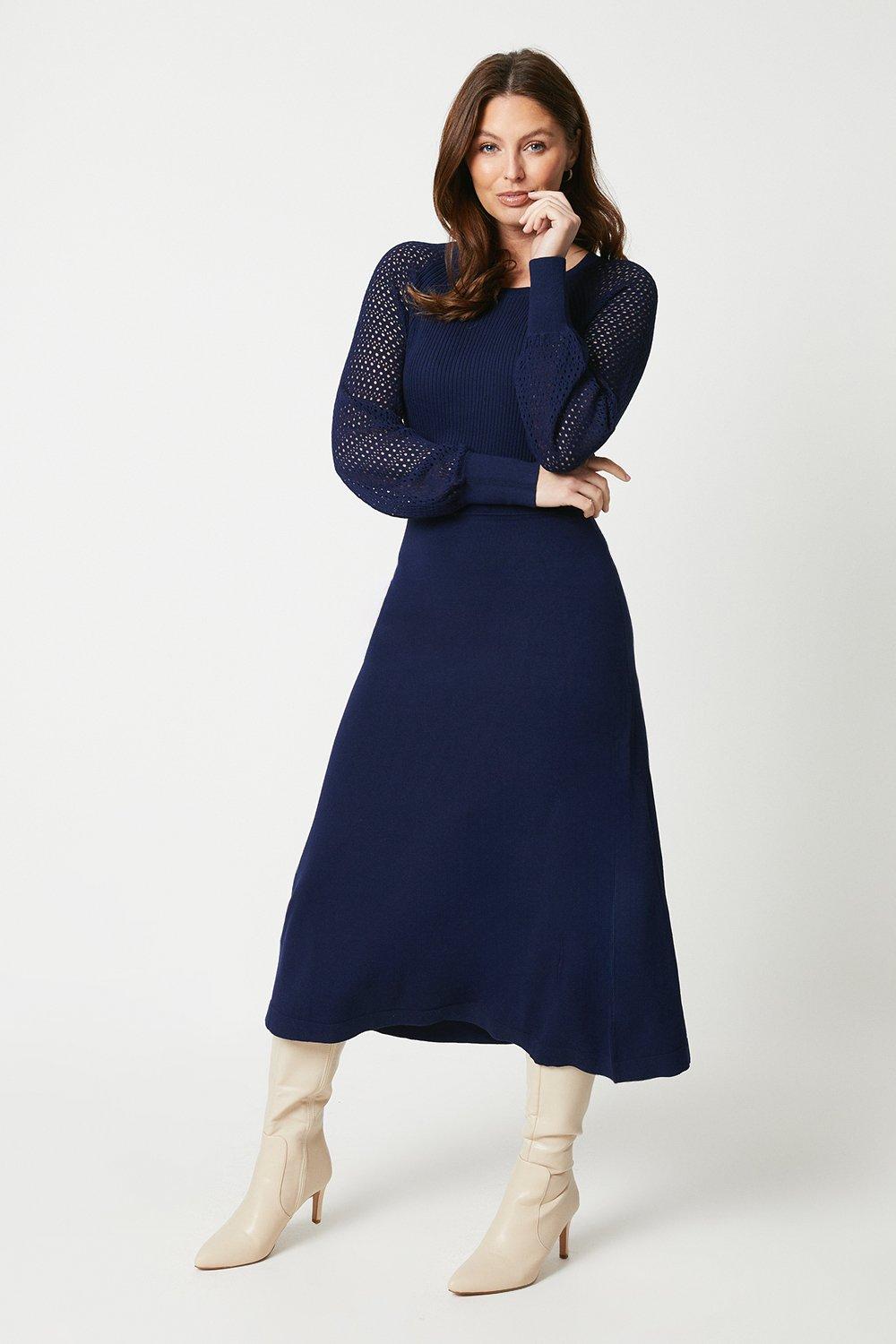 Трикотажное платье миди Pointelle с круглым вырезом Wallis, темно-синий