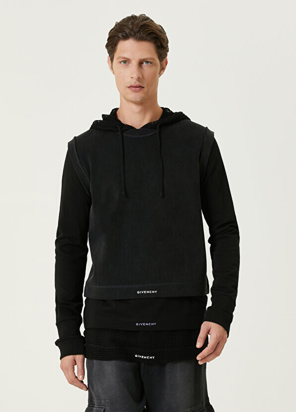 

Черная сетчатая футболка с длинным рукавом и капюшоном с украшением Givenchy, Черный