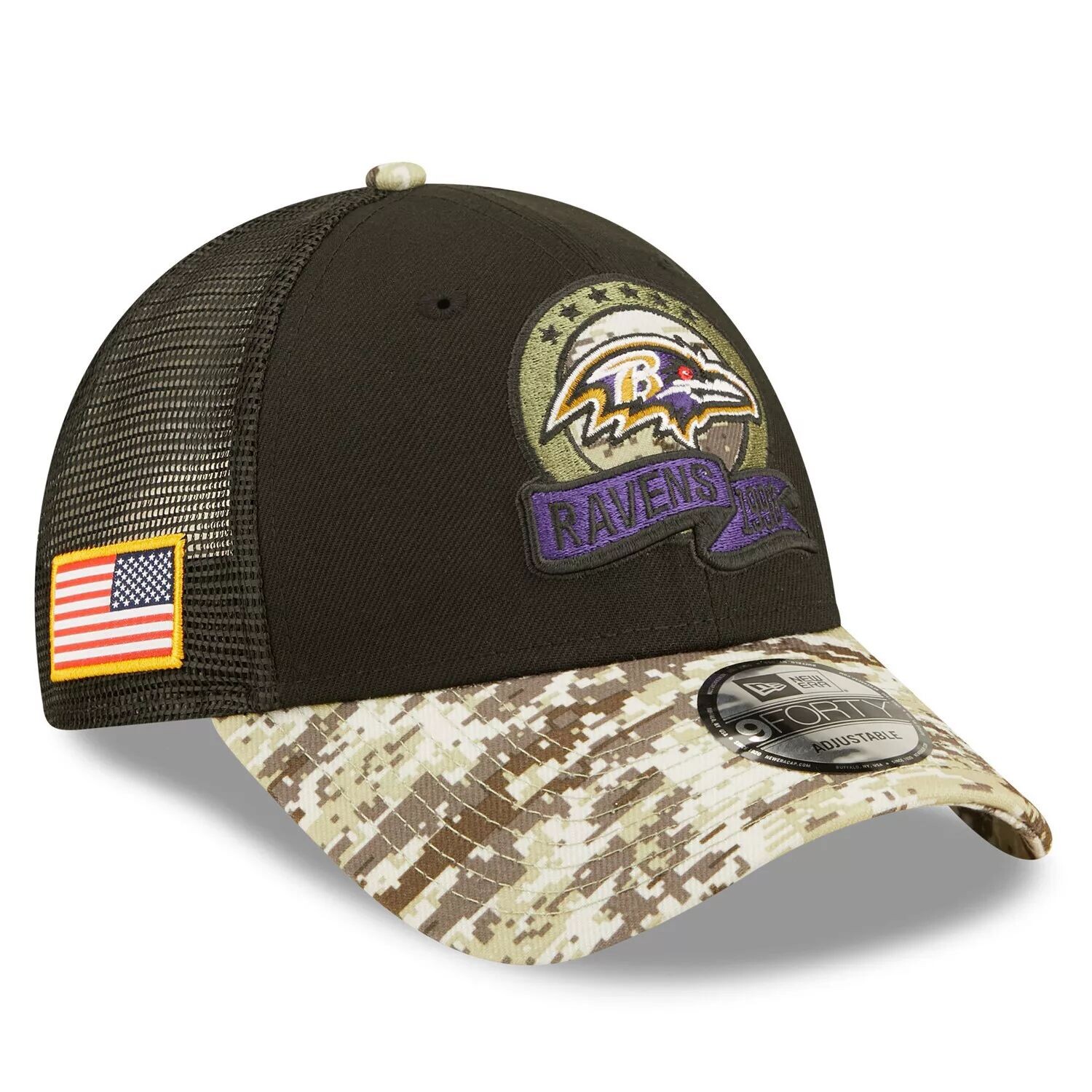 

Мужская кепка New Era Black/Camo Baltimore Ravens 2022 Salute To Service 9FORTY Snapback Trucker Hat