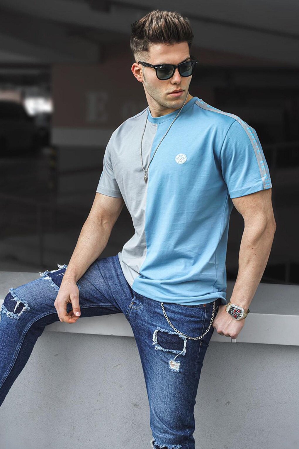 Мужская синяя футболка с принтом 5398 MADMEXT