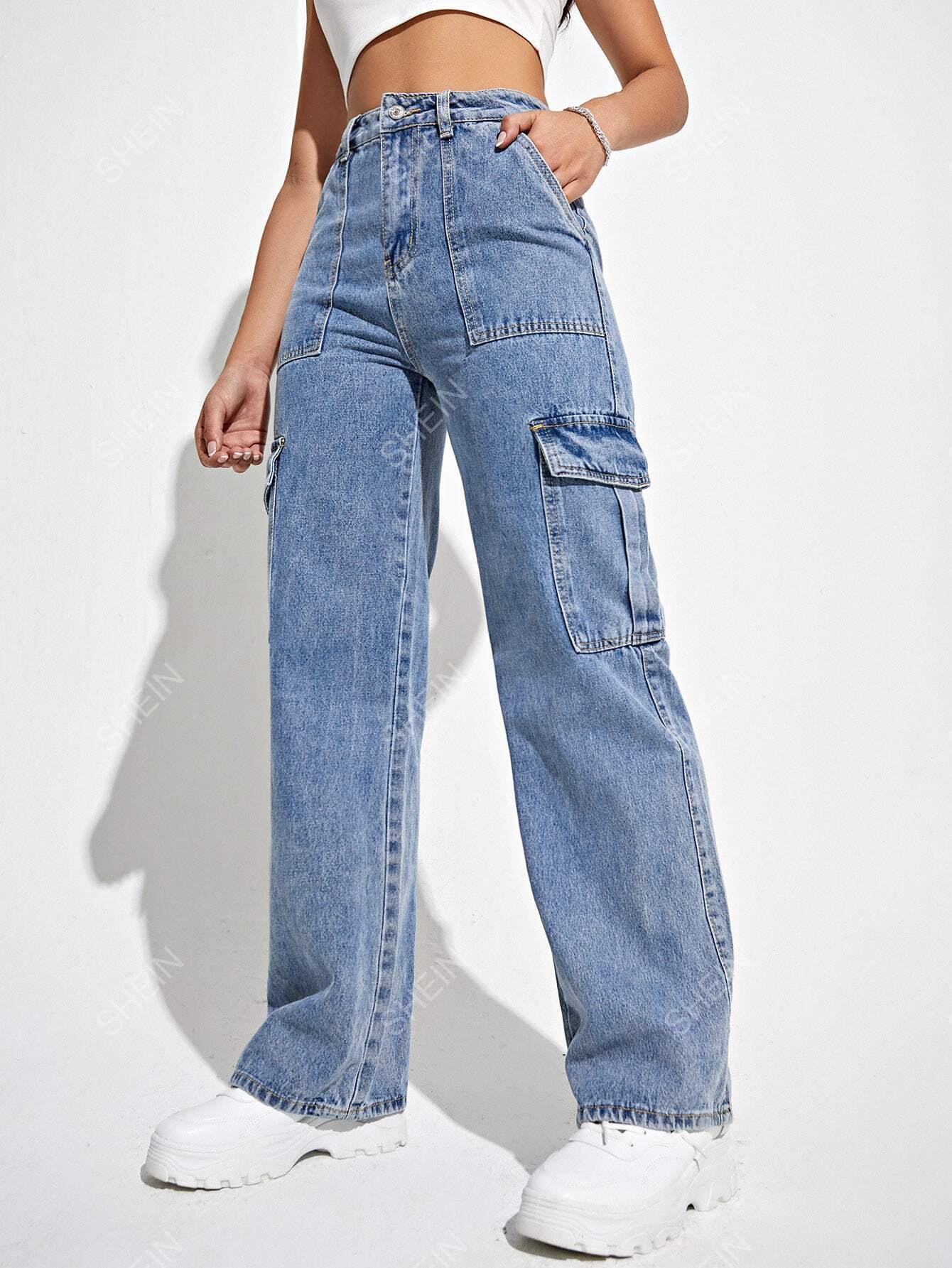 цена SHEIN Coolmax Джинсовые брюки с карманами и откидными карманами в стиле рабочей одежды, легкая стирка