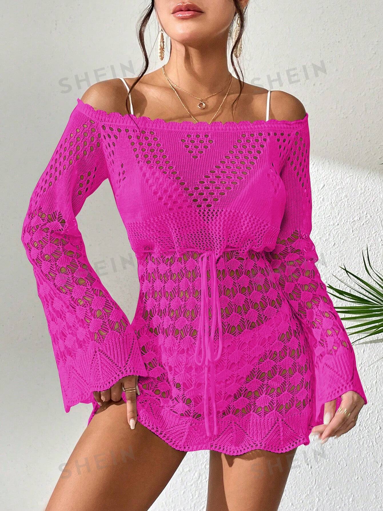 цена SHEIN Swim BohoFeel женское платье в богемном стиле ярко-розового цвета на одно плечо с открытыми расклешенными рукавами и накидкой, ярко-розовый
