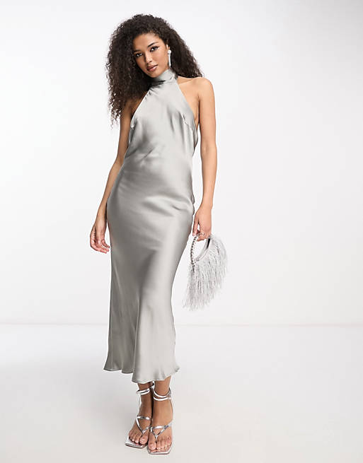 Атласное платье миди с высоким воротником Pretty Lavish серого цвета