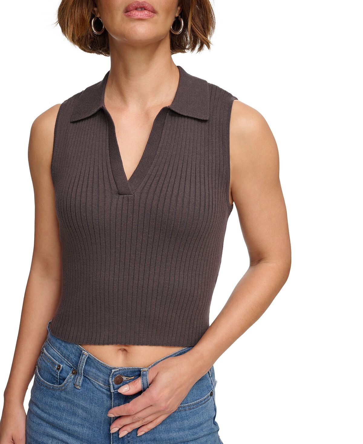 

Укороченный топ-поло из хлопка Petite в рубчик Calvin Klein Jeans