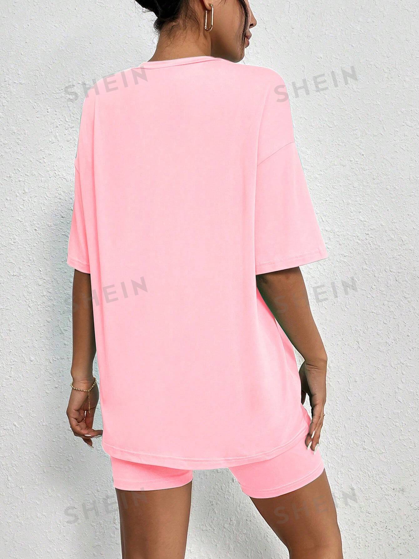 Модный повседневный комплект из футболки и шорт с коротким рукавом, розовый комплект пижамный женский из футболки с коротким рукавом и шорт