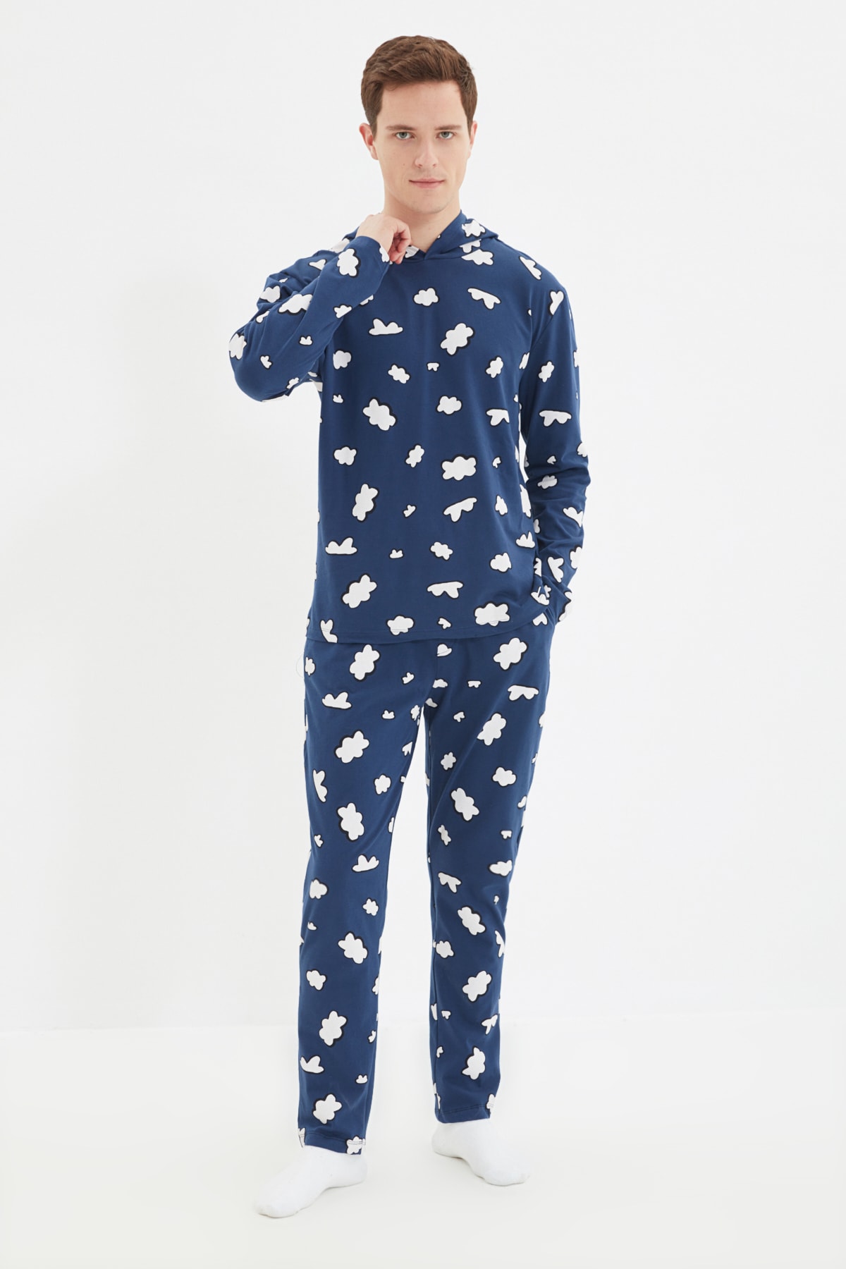 Пижамный комплект Trendyol обычного кроя с капюшоном, синий/белый