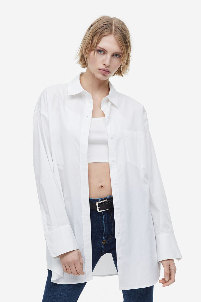 Рубашка оверсайз из поплина H&M, белый рубашка оверсайз из поплина zara белый