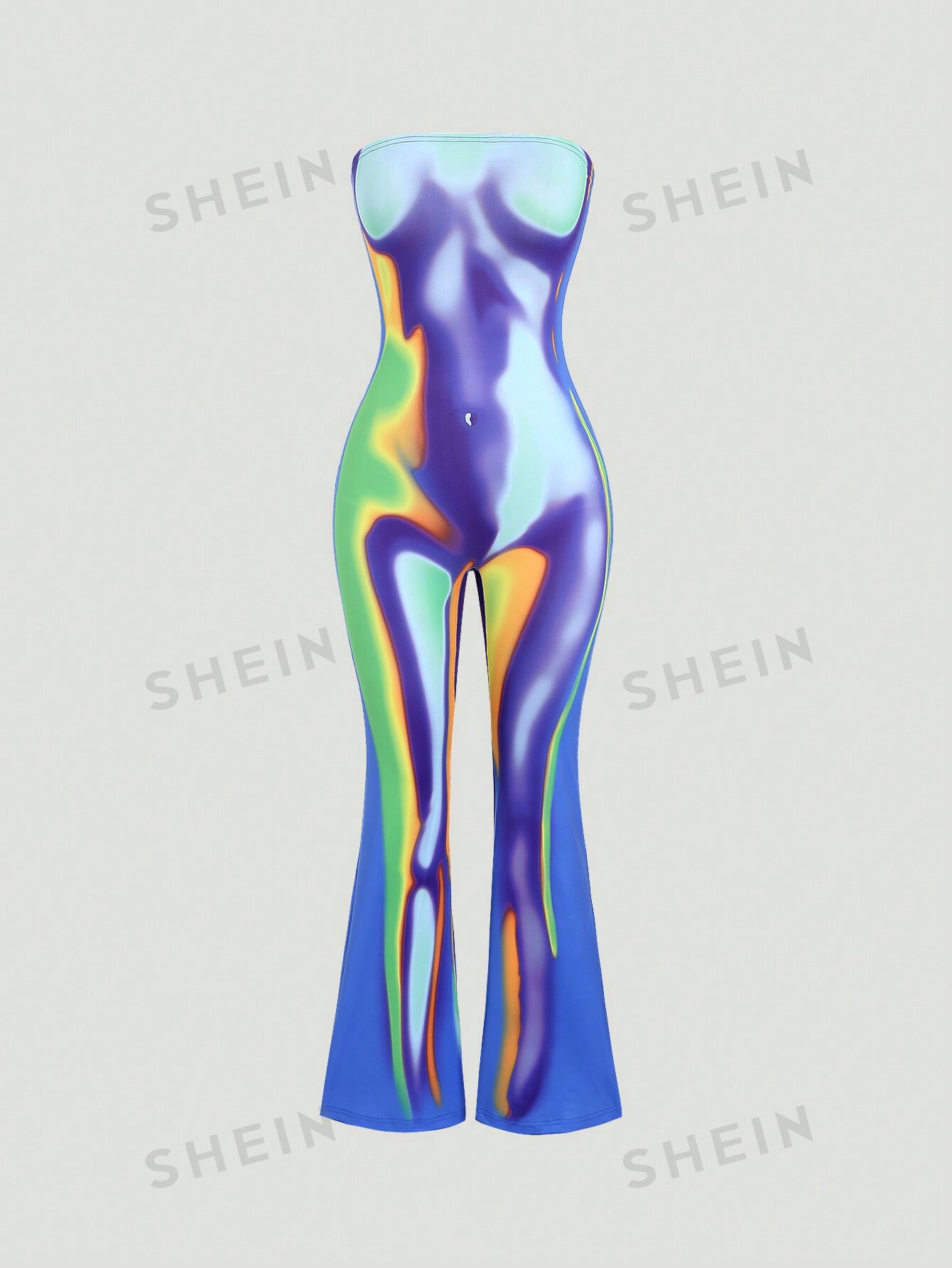 женский 2023 новый популярный повседневный комбинезон с открытыми плечами SHEIN ICON Женский комбинезон-бандо с принтом, облегающий крой, многоцветный