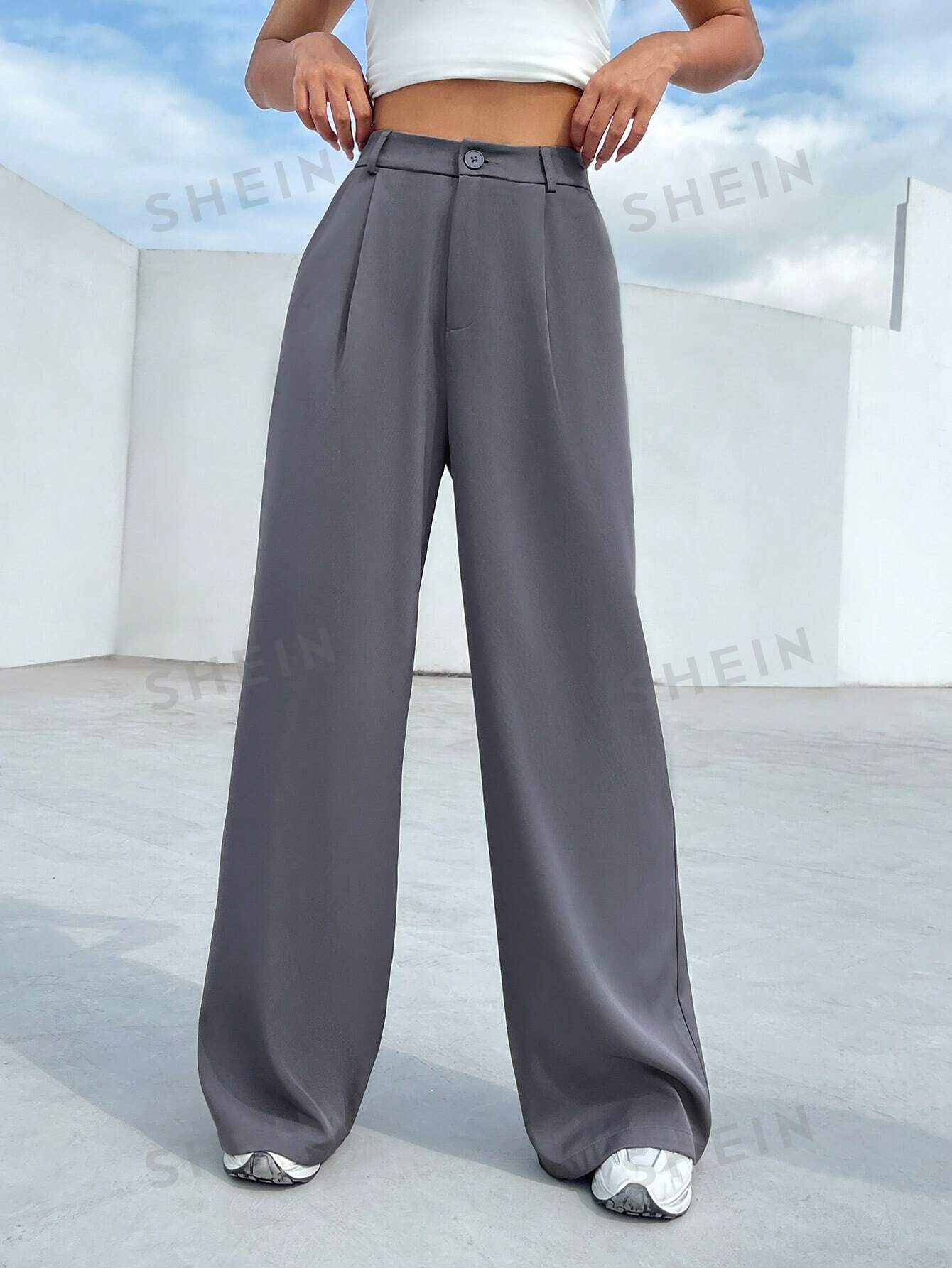 цена SHEIN EZwear Женские тканые широкие брюки со складками и складками, темно-серый