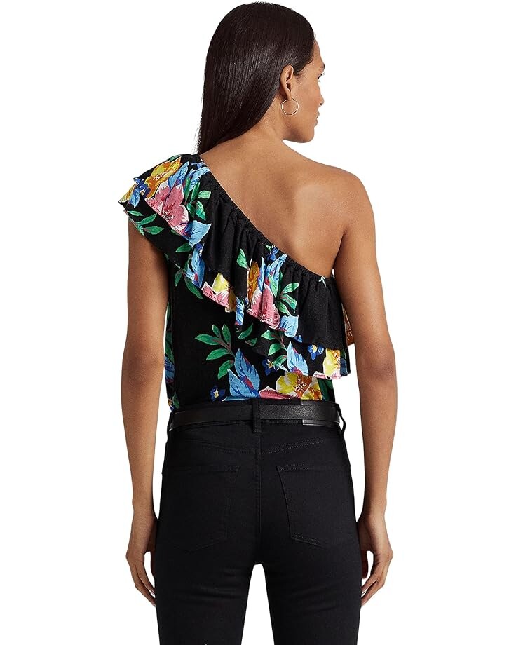 

Топ LAUREN Ralph Lauren Floral Jersey One Shoulder Top, черный мульти