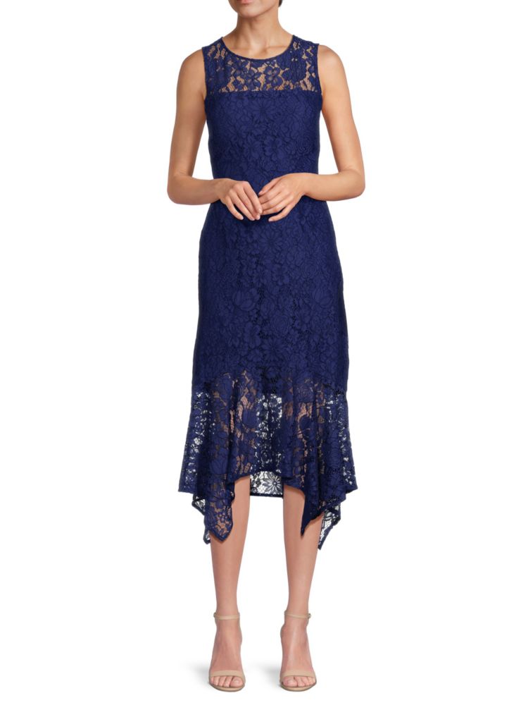 Асимметричное кружевное платье-футляр Kensie, темно-синий