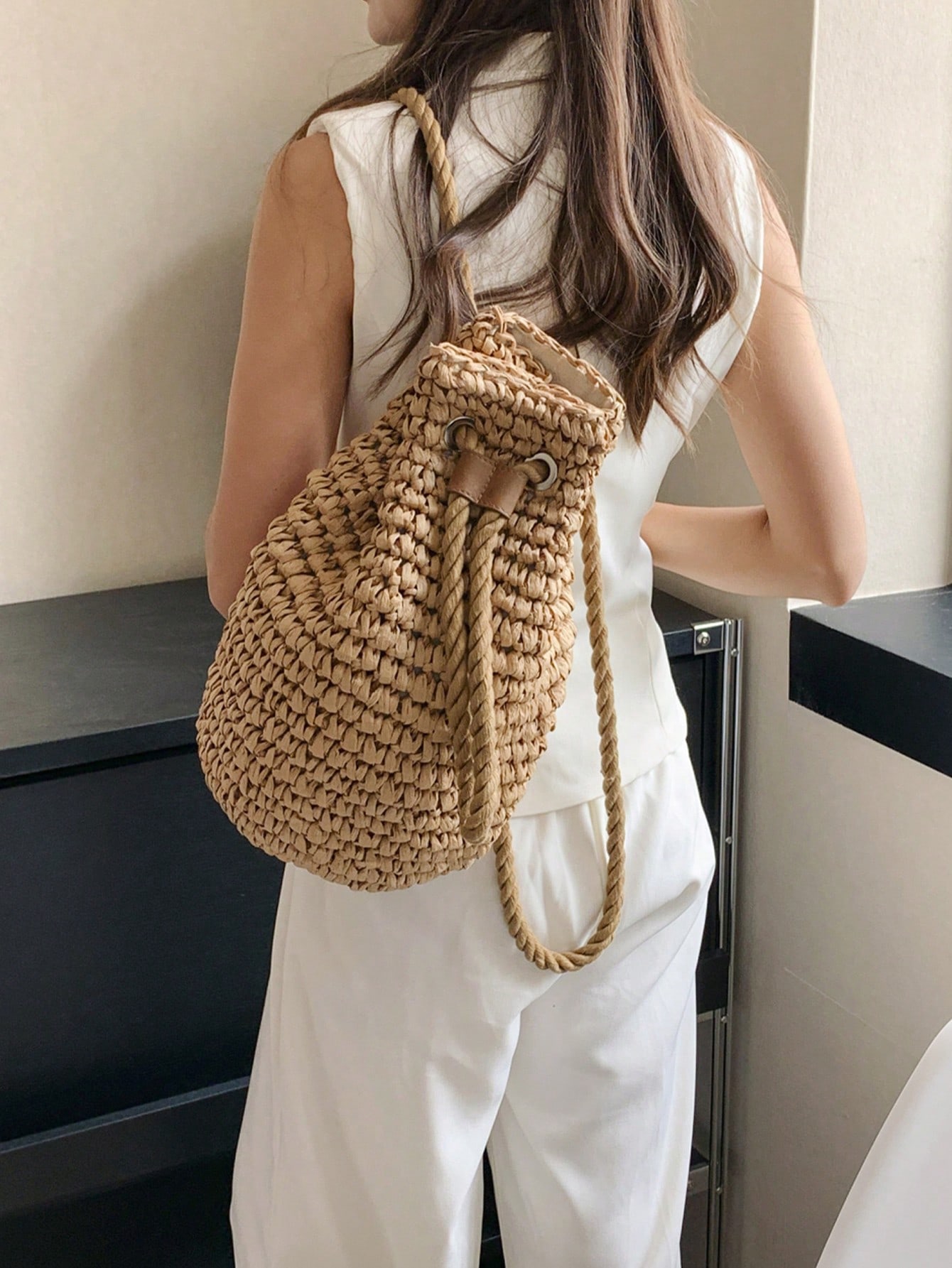 1 шт. модный повседневный однотонный летний рюкзак из ткани травы со складным ведром и шнурком женский рюкзак для отпуска, хаки