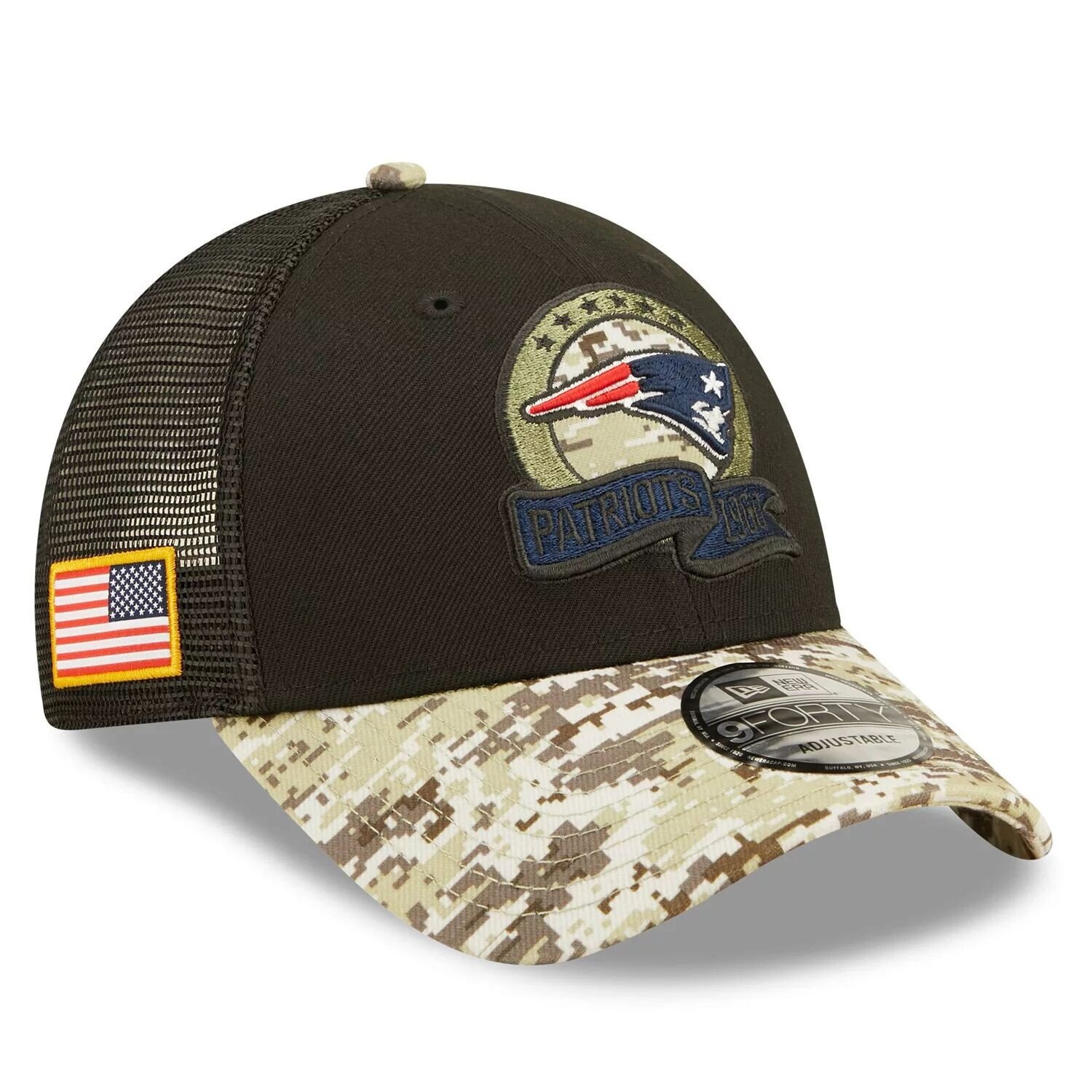 

Мужская кепка New Era Black/Camo New England Patriots 2022 Salute To Service 9FORTY Snapback Trucker Hat