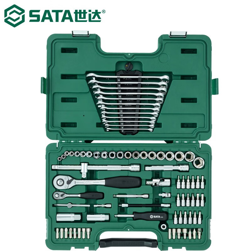 SATA 09518 Набор инструментов для торцевых головок, комбинированный набор инструментов для ремонта машин и автомобилей, храповик, гаечный ключ двойного назначения, головка отвертки, ящик для инструментов, набор из 80 предметов, 1/4 дюйма