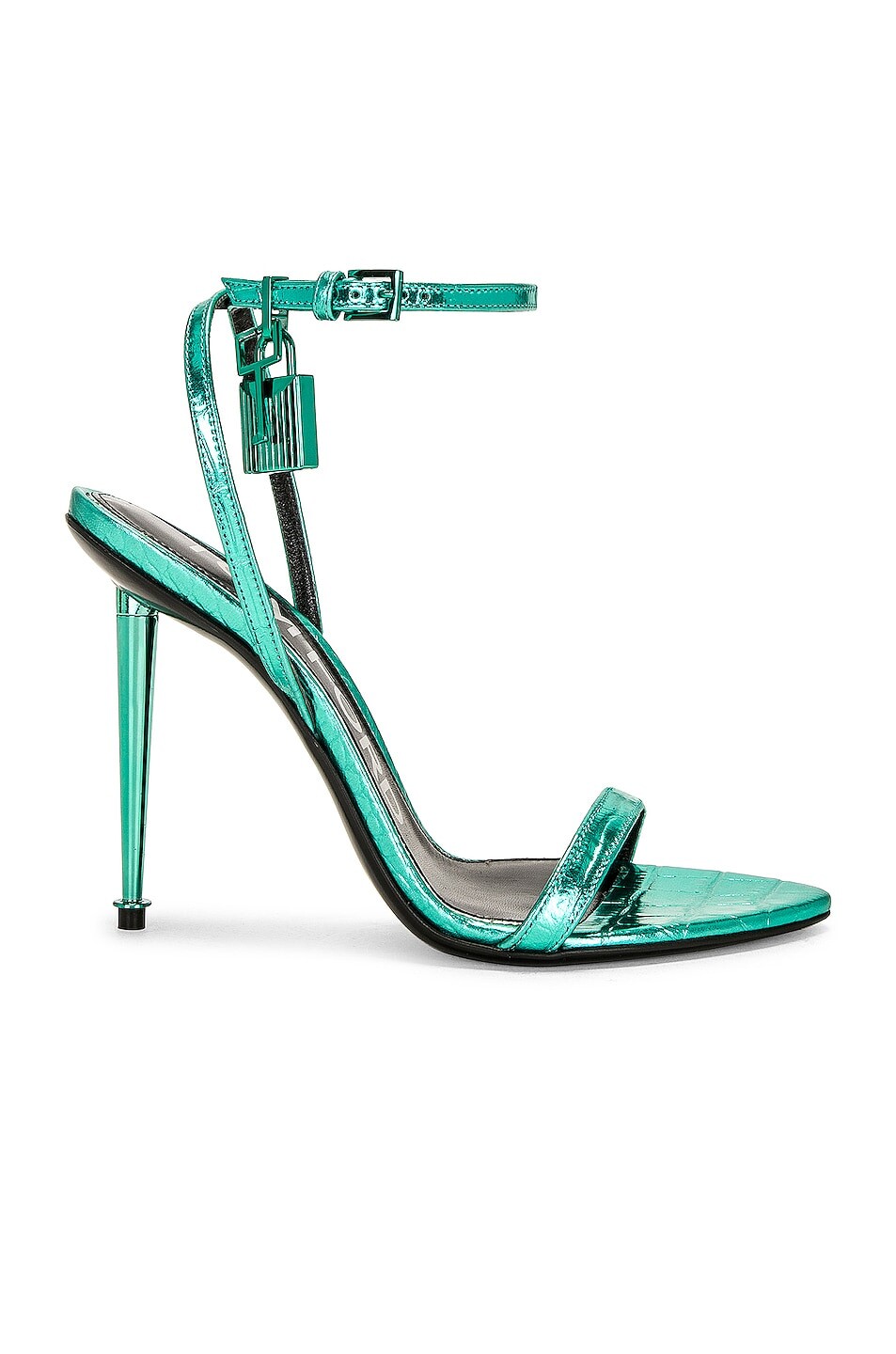 

Туфли Tom Ford Metallic Stamped Croc Padlock Pointy Naked 105, цвет Lagoon