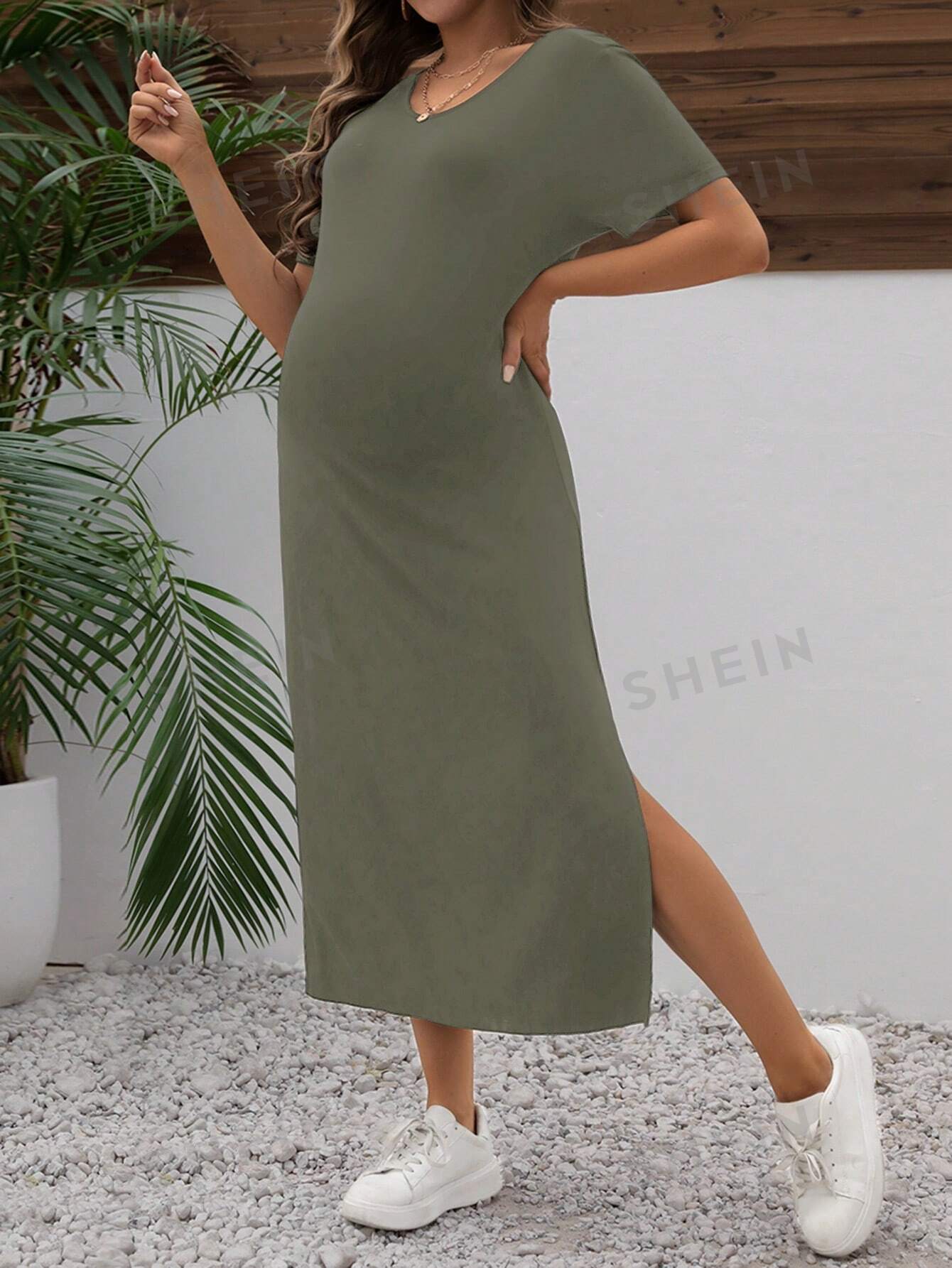 SHEIN однотонное повседневное платье для беременных с v-образным вырезом и короткими рукавами и разрезом по краю, армейский зеленый