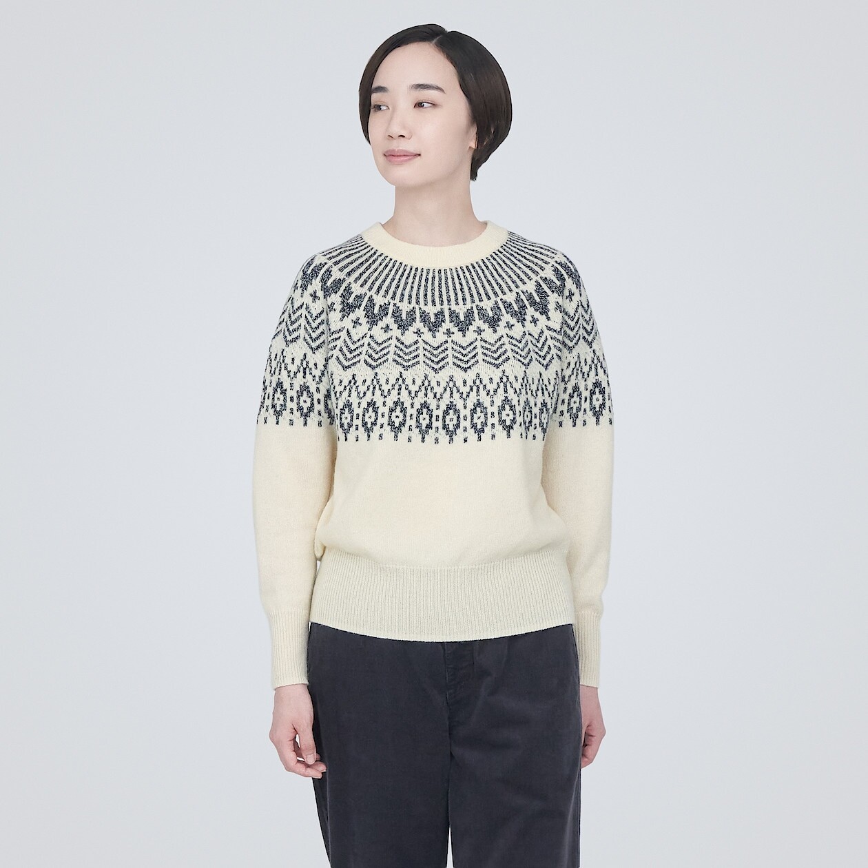 

Жаккардовый свитер с круглым вырезом из мериносовой шерсти MUJI, не совсем белый узор