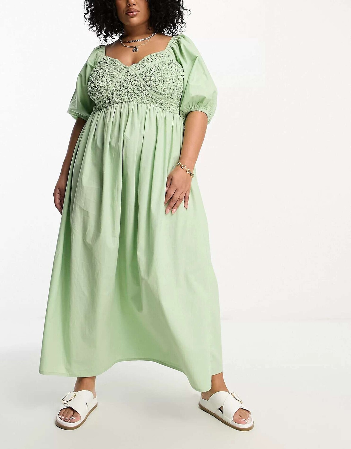 

Шалфейное хлопковое платье миди с корсетом и сборками ASOS DESIGN Curve