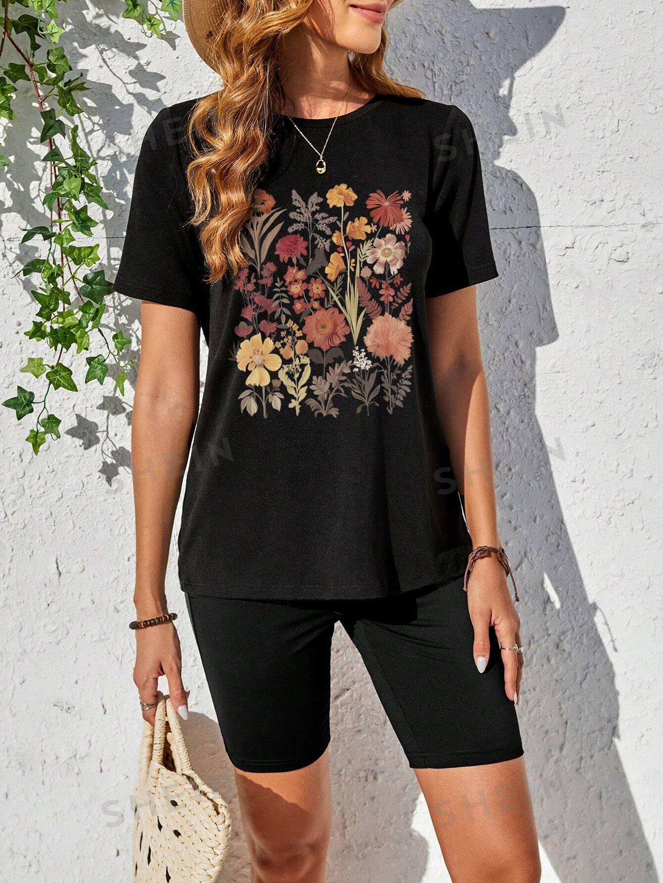 SHEIN LUNE Повседневная женская футболка свободного покроя с короткими рукавами и шортами с цветочным принтом, черный
