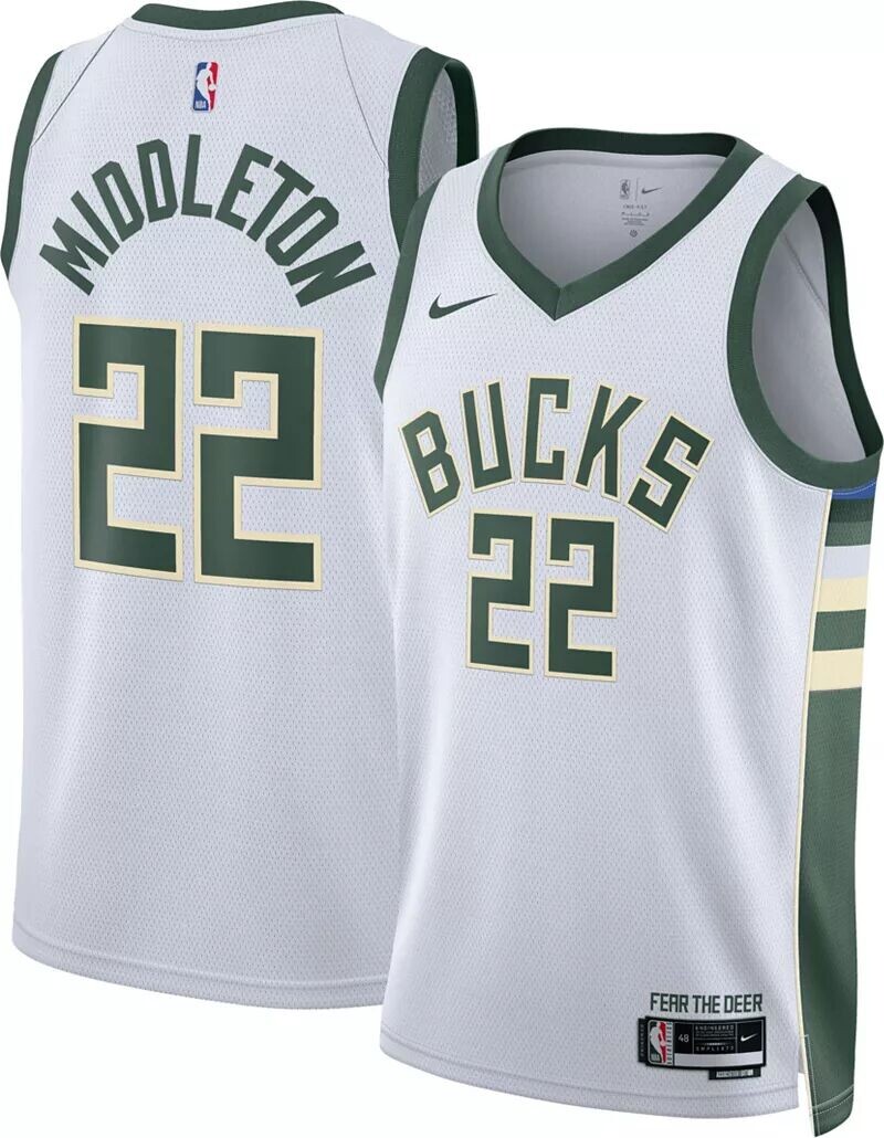 

Мужская белая майка Nike Milwaukee Bucks Khris Middleton #22 Dri-FIT Swingman