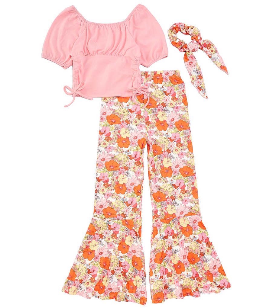 Комплект из однотонной футболки с короткими рукавами и брюк палаццо с цветочным принтом для больших девочек 7–16 лет Tween Diva, розовый