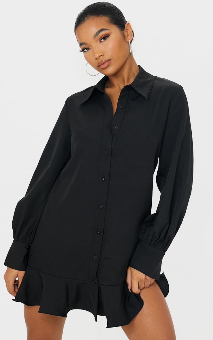 PrettyLittleThing Черное платье-рубашка с оборками