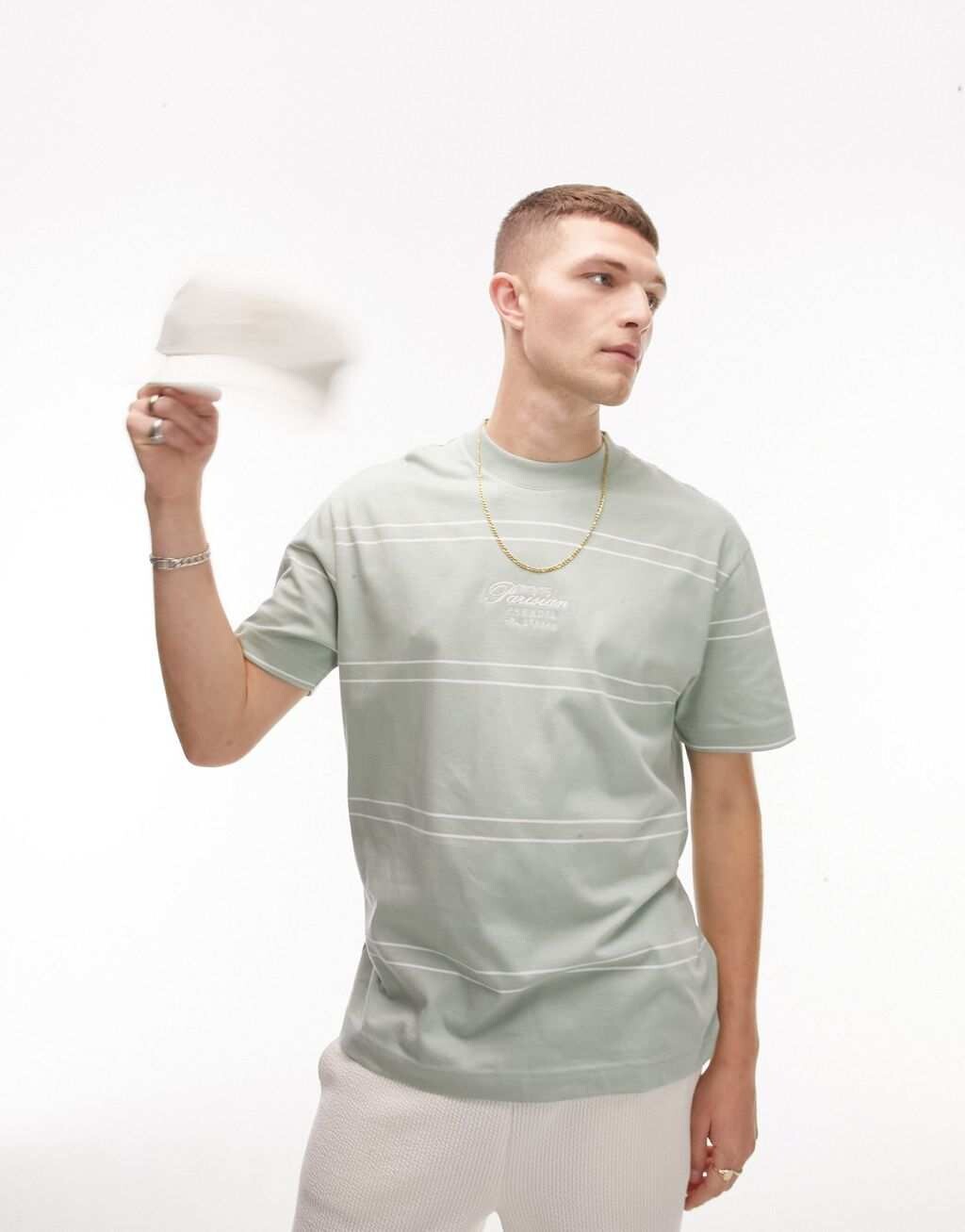 

Футболка оверсайз в полоску Topman шалфейного цвета с парижской вышивкой