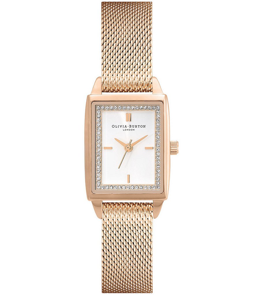 Часы Olivia Burton с прямоугольным кварцевым аналоговым белым циферблатом и гвоздикой, золотой сетчатый браслет из нержавеющей стали, розовый