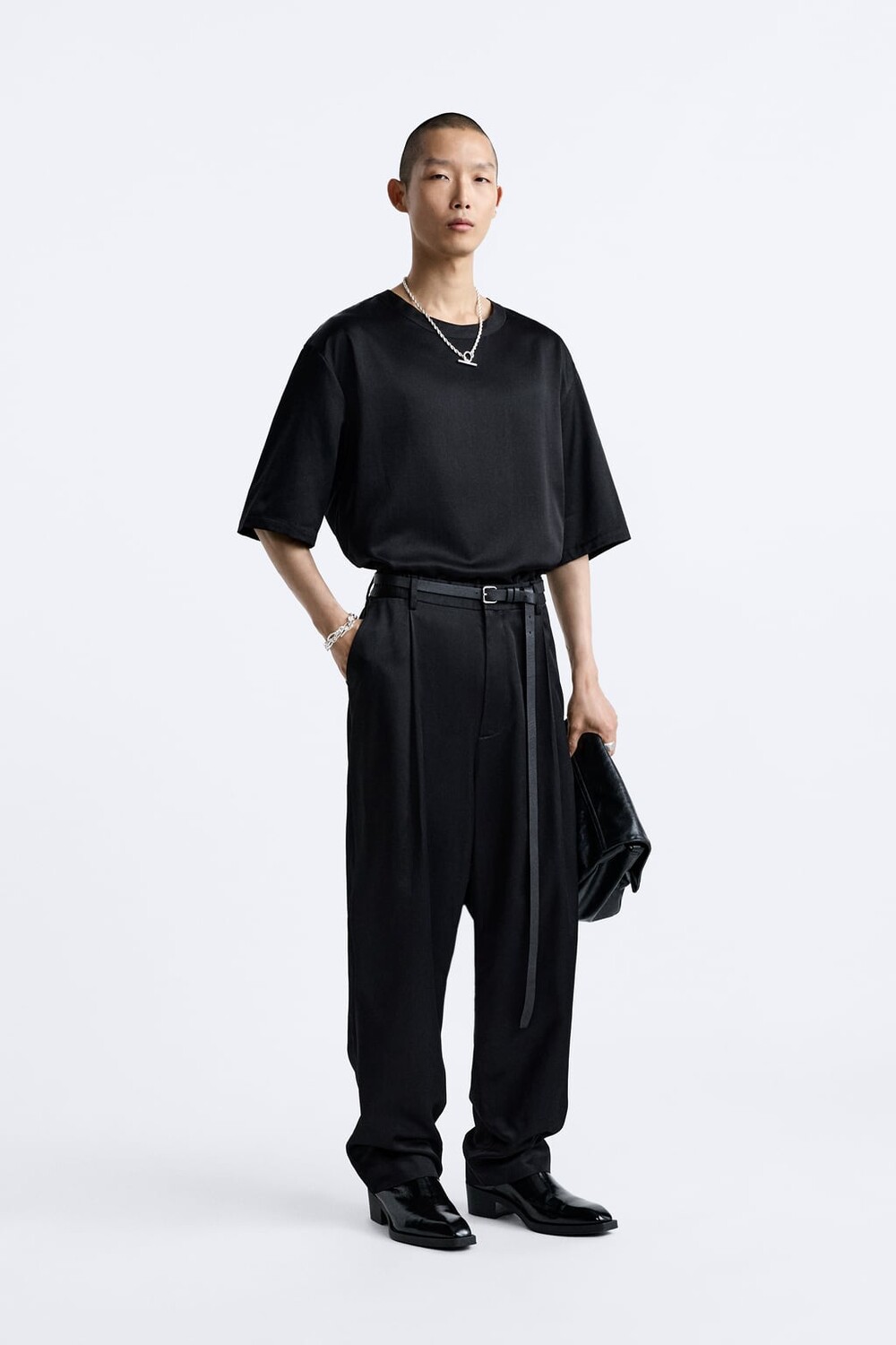 

Плиссированные атласные брюки ZARA, черный