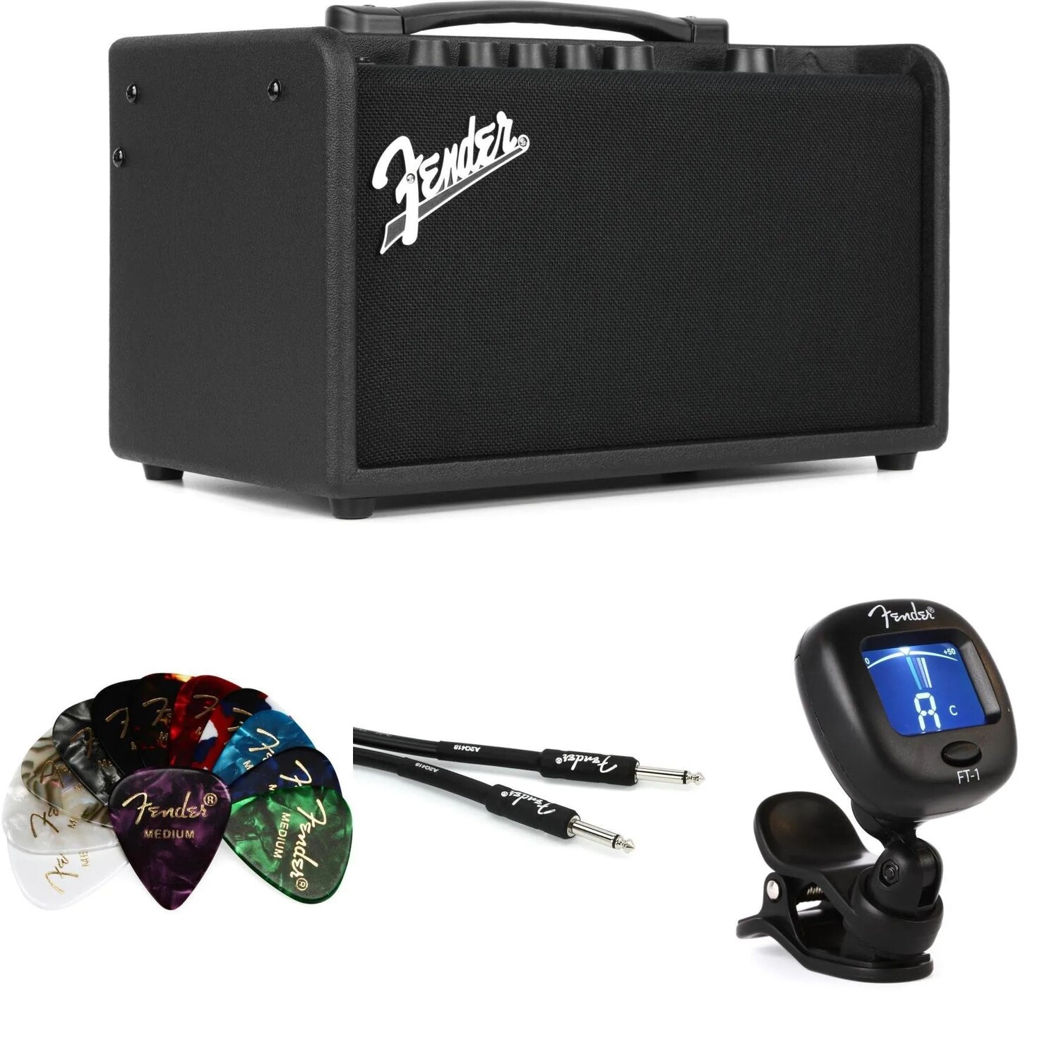 

Новый комплект Fender Mustang LT40S с двумя 4-дюймовыми 40-ваттными комбоусилителями Essentials Bundle