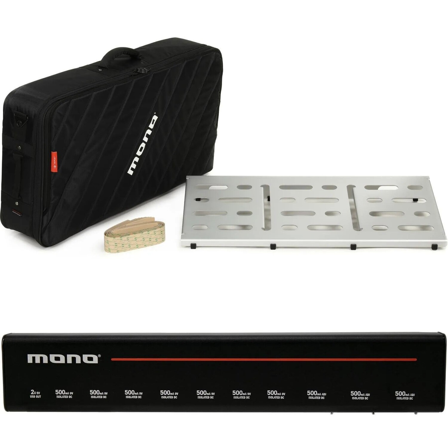 

Большой педалборд MONO с футляром для аксессуаров Pro 2.0 и изолированным источником питания на 11 розеток — серебристый