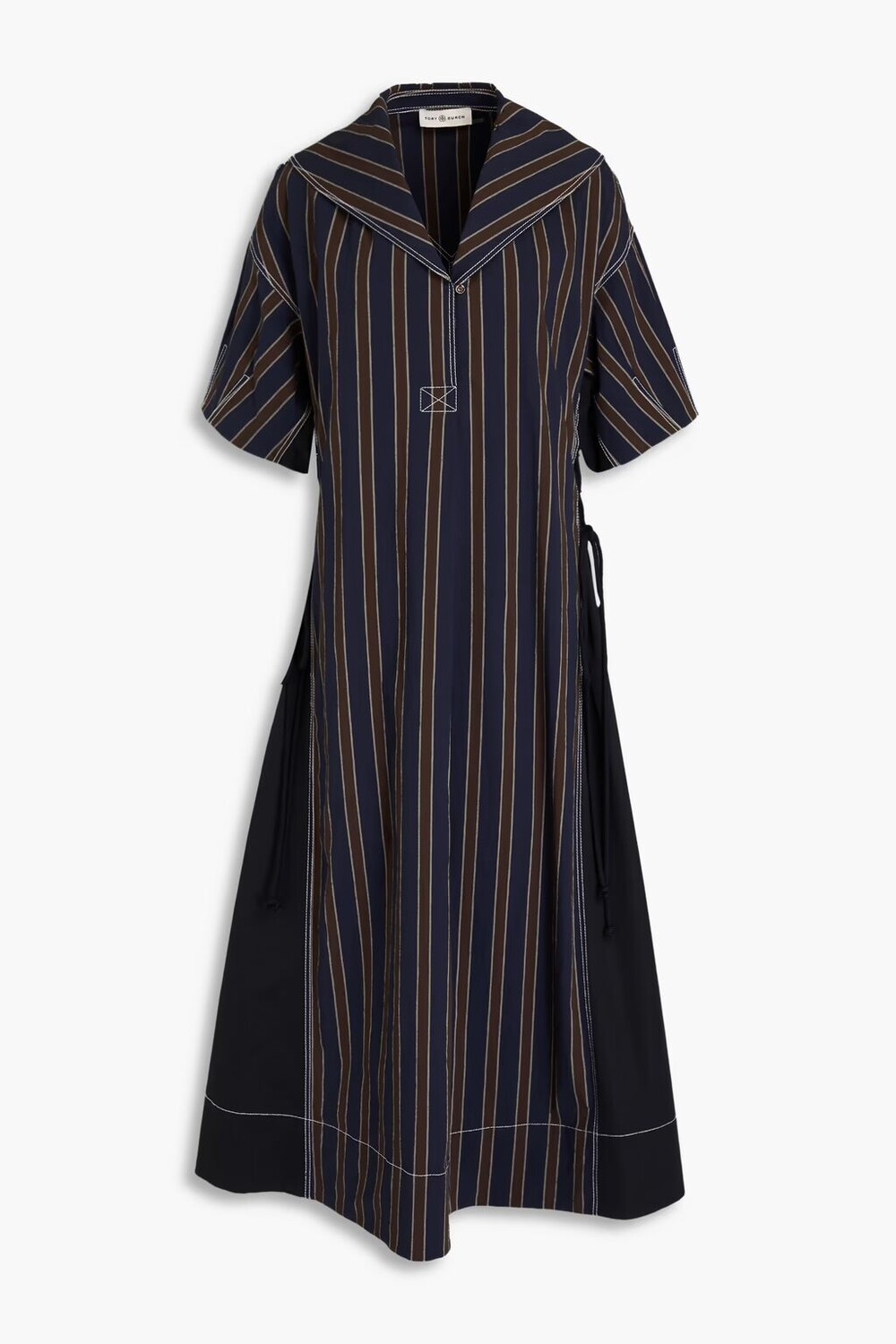 

Полосатое платье миди из эластичного хлопкового твила Tory Burch, темно-синий