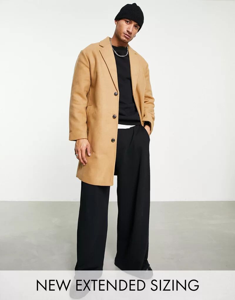 Длинное светло-коричневое пальто свободного кроя из смесовой шерсти ASOS коричневое худи свободного кроя asos