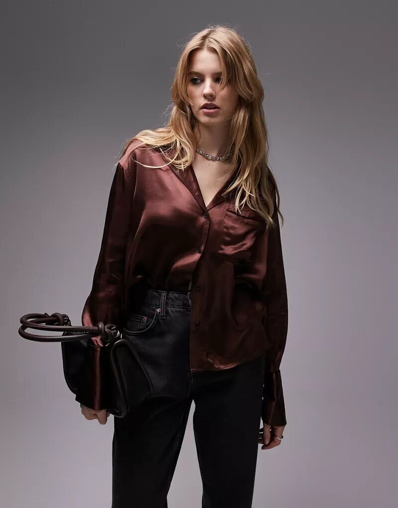 

Шоколадная рубашка свободного кроя Topshop с черной окантовкой
