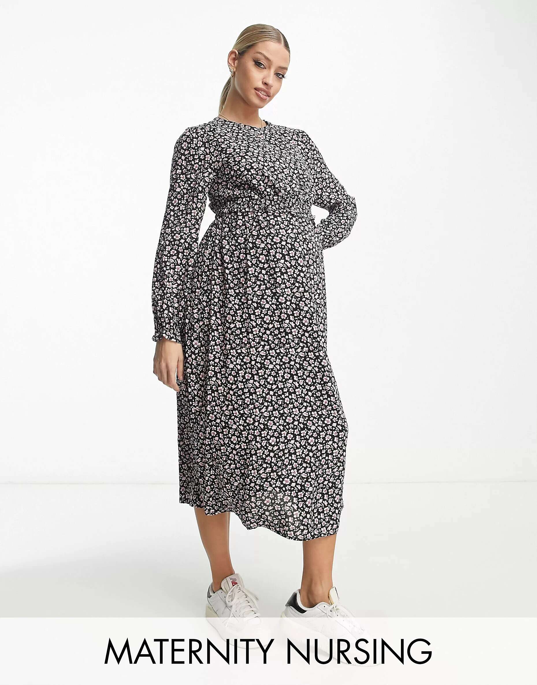 Черное многоярусное платье для кормящих мам New Look с цветочным принтом New Look