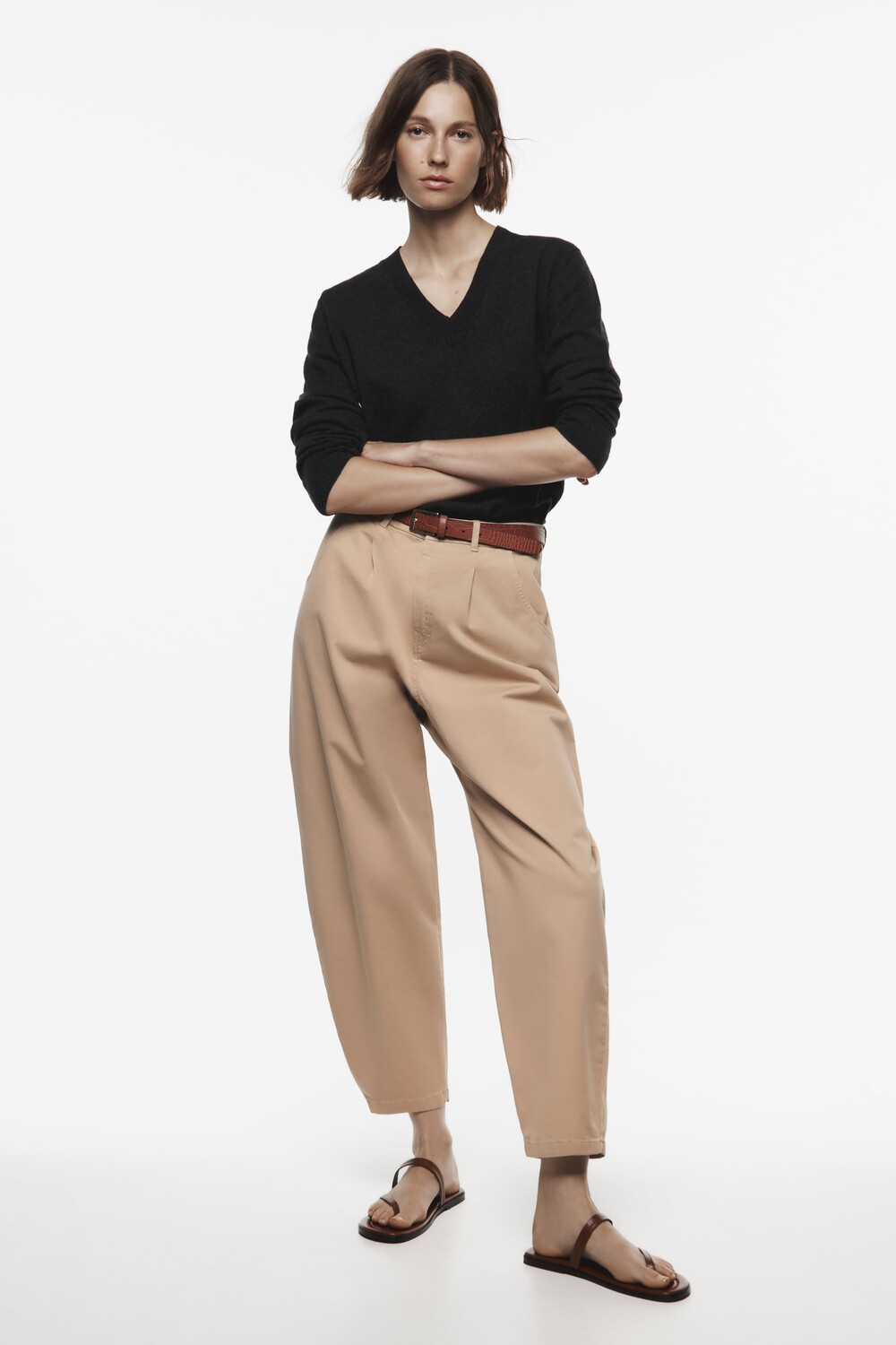 

Брюки из саржи с поясом Zara, средний верблюд, Коричневый
