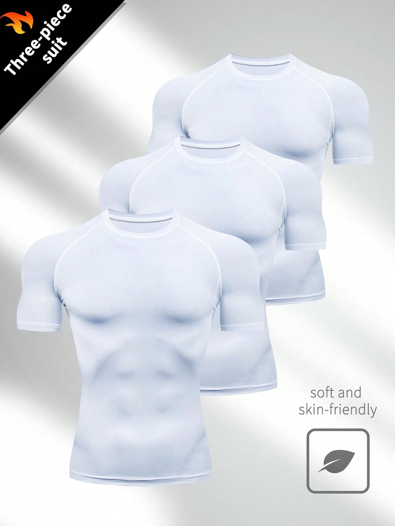 3 шт. Мужская компрессионная базовая футболка с короткими рукавами, белый фото